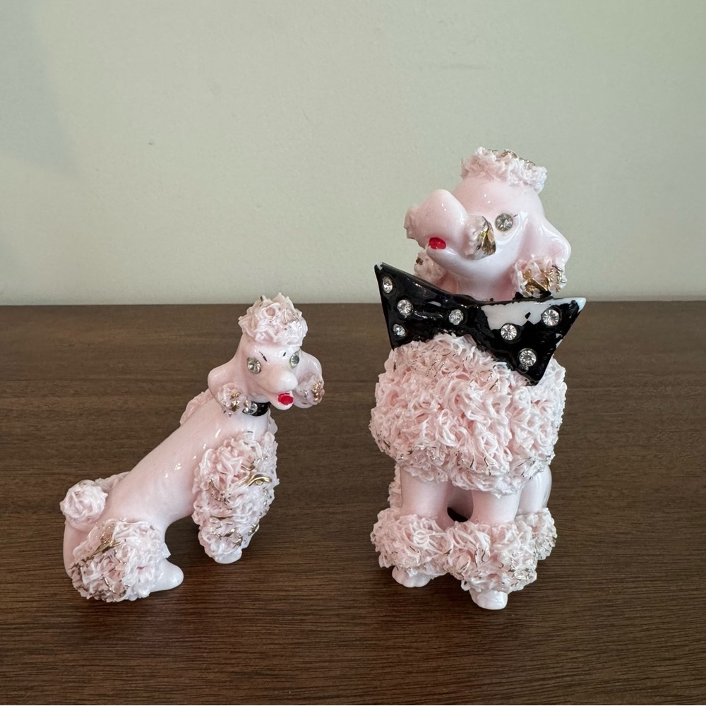 Vintage Pink Spaghetti Poodle Figurines Mother With Bow And Puppy